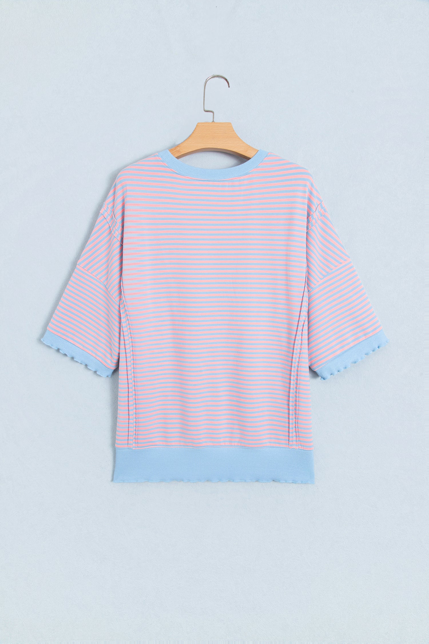 Sky Blue Stripe Colorblock Scalloped Trim Loose 3/4 Sleeve Top