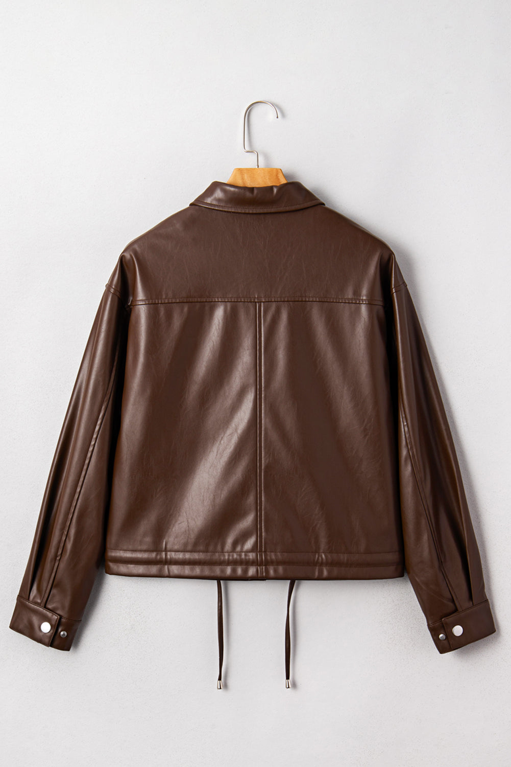 Chicory Coffee Flap Pocket Drawstring Hem Leather Jacket