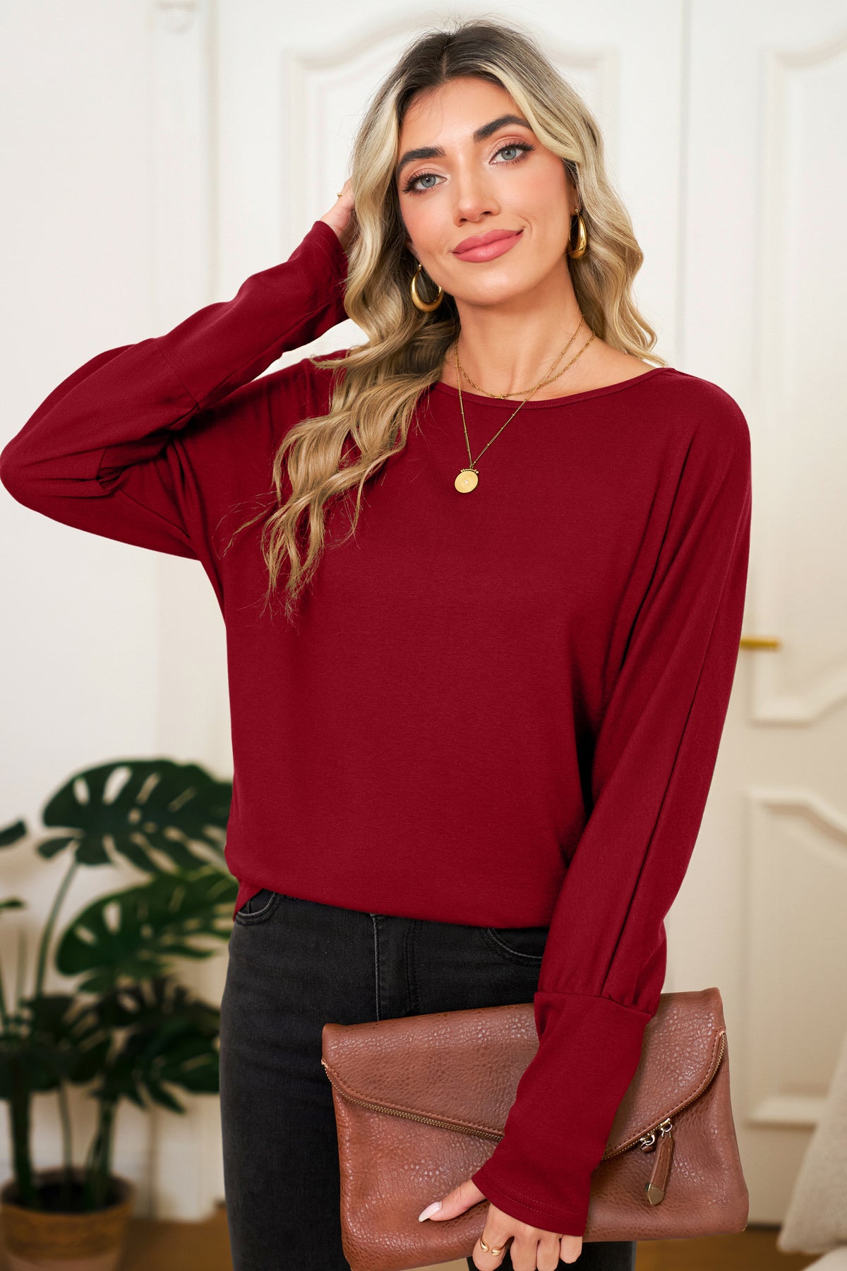 Red Dahlia Solid Color Round Neck Dolman Sleeve Top