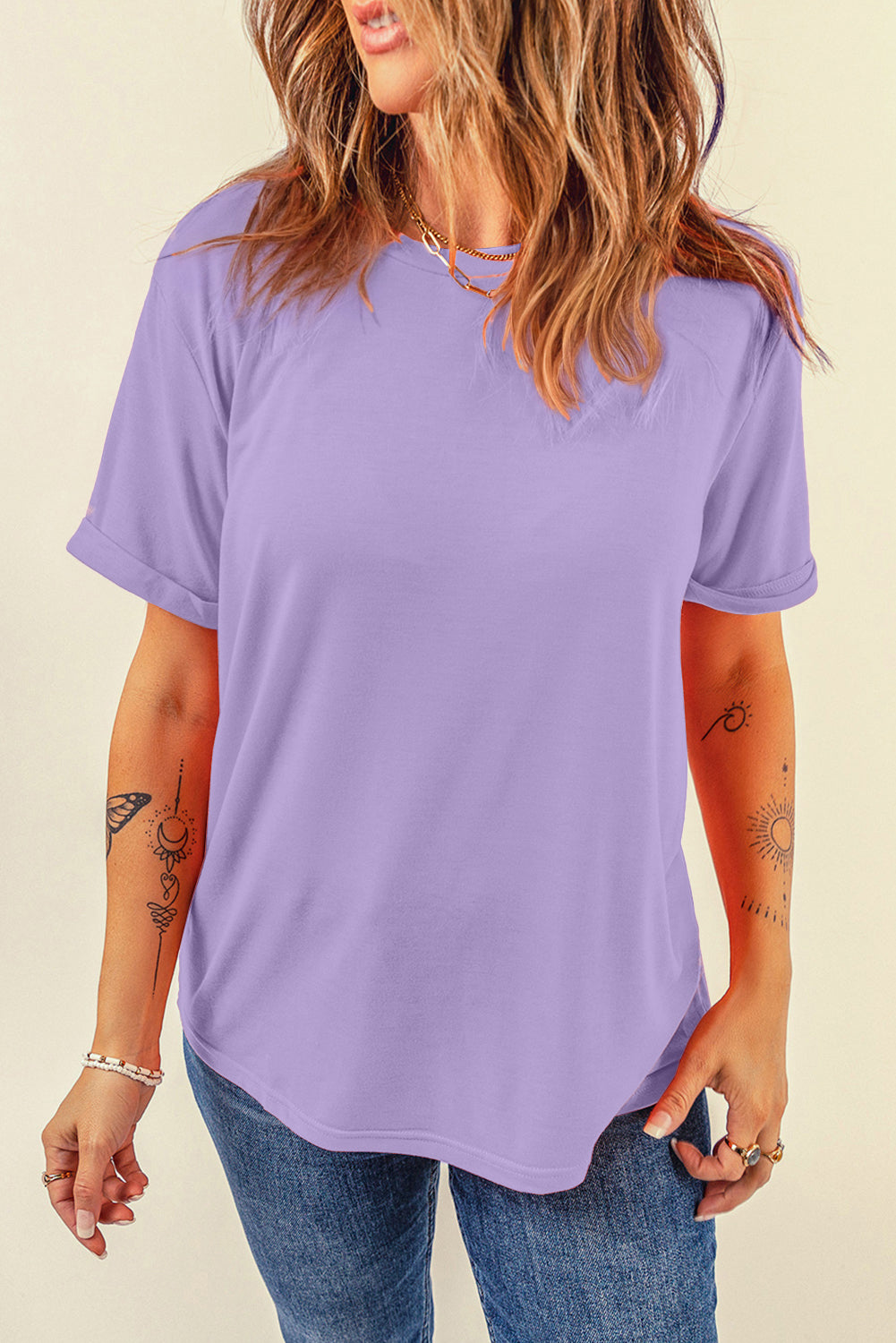 Yellow Cream Casual Plain Crew Neck Tee