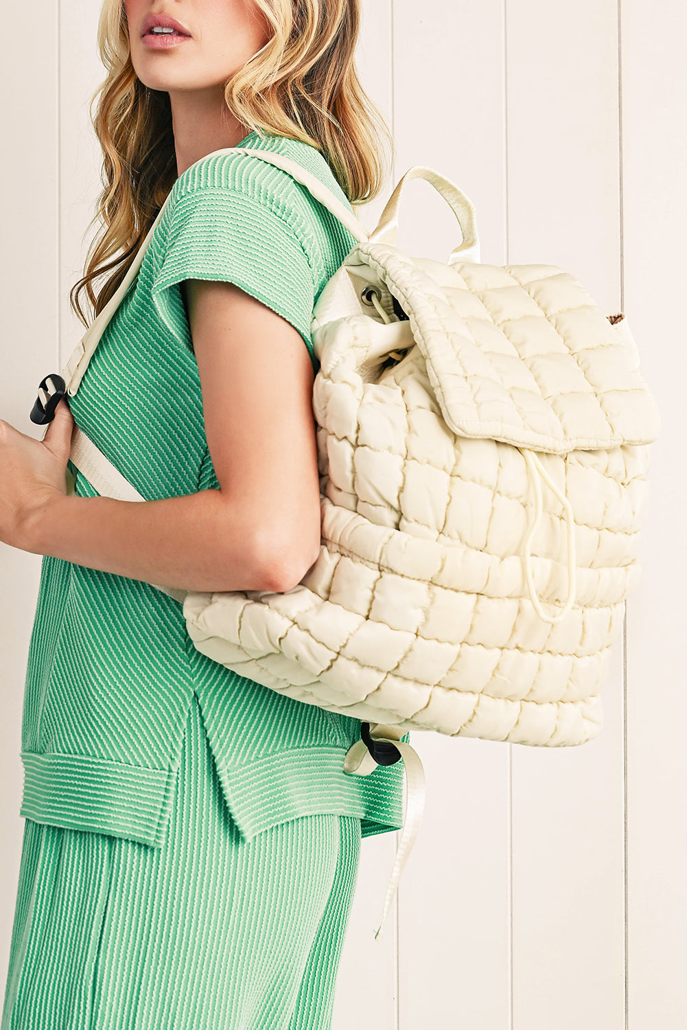 Medium Grey Solid Flapped Quilted Puffer Backpack