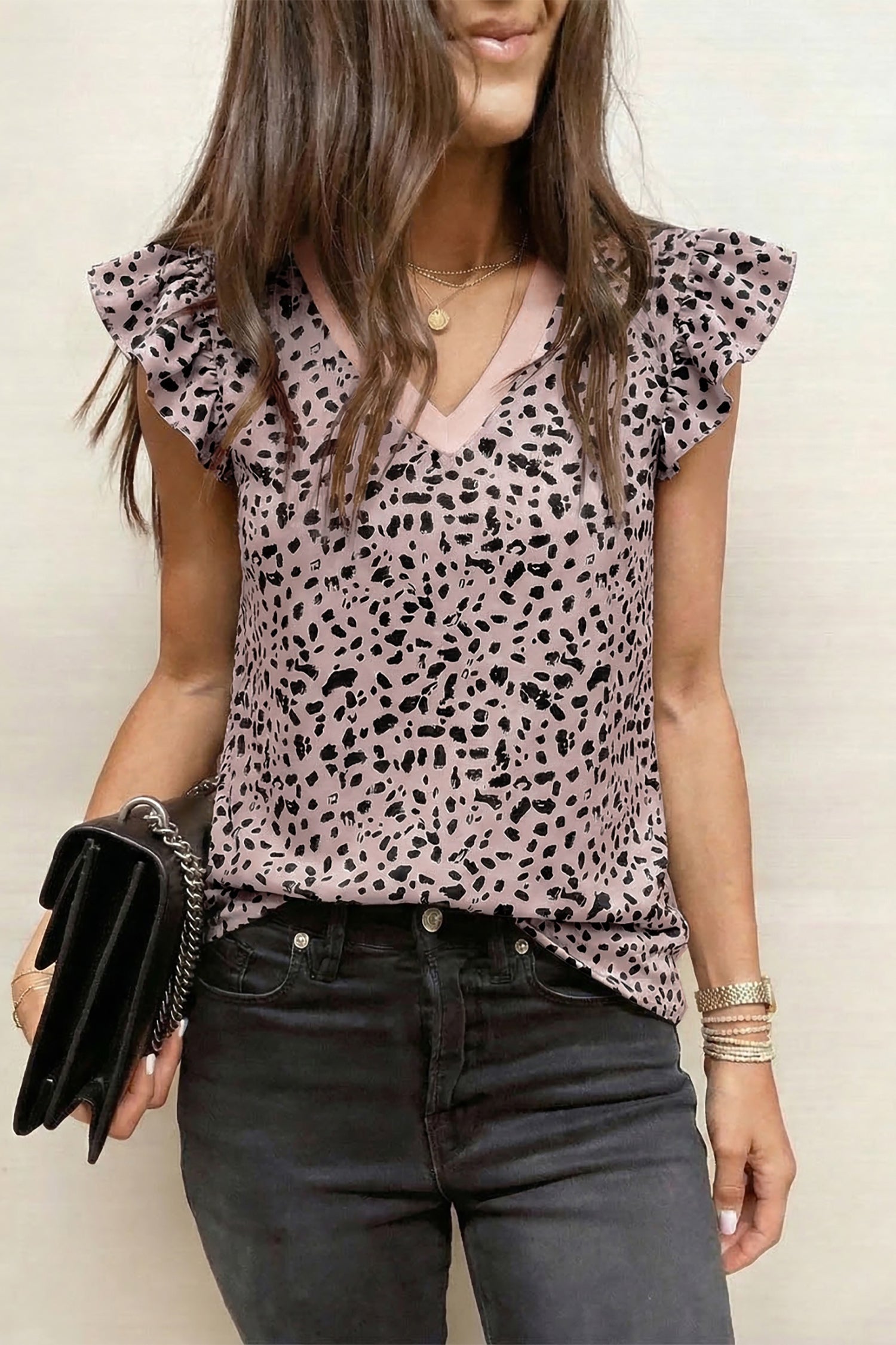 Black Cheetah Print V Neck Ruffle Trim Loose Tank Top