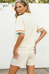 Apricot Colorful Striped Detail Half Zip Polo Tee Loose Shorts Set