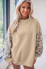 Coffee Camouflage Sleeve Crewneck Baggy Pullover Sweatshirt