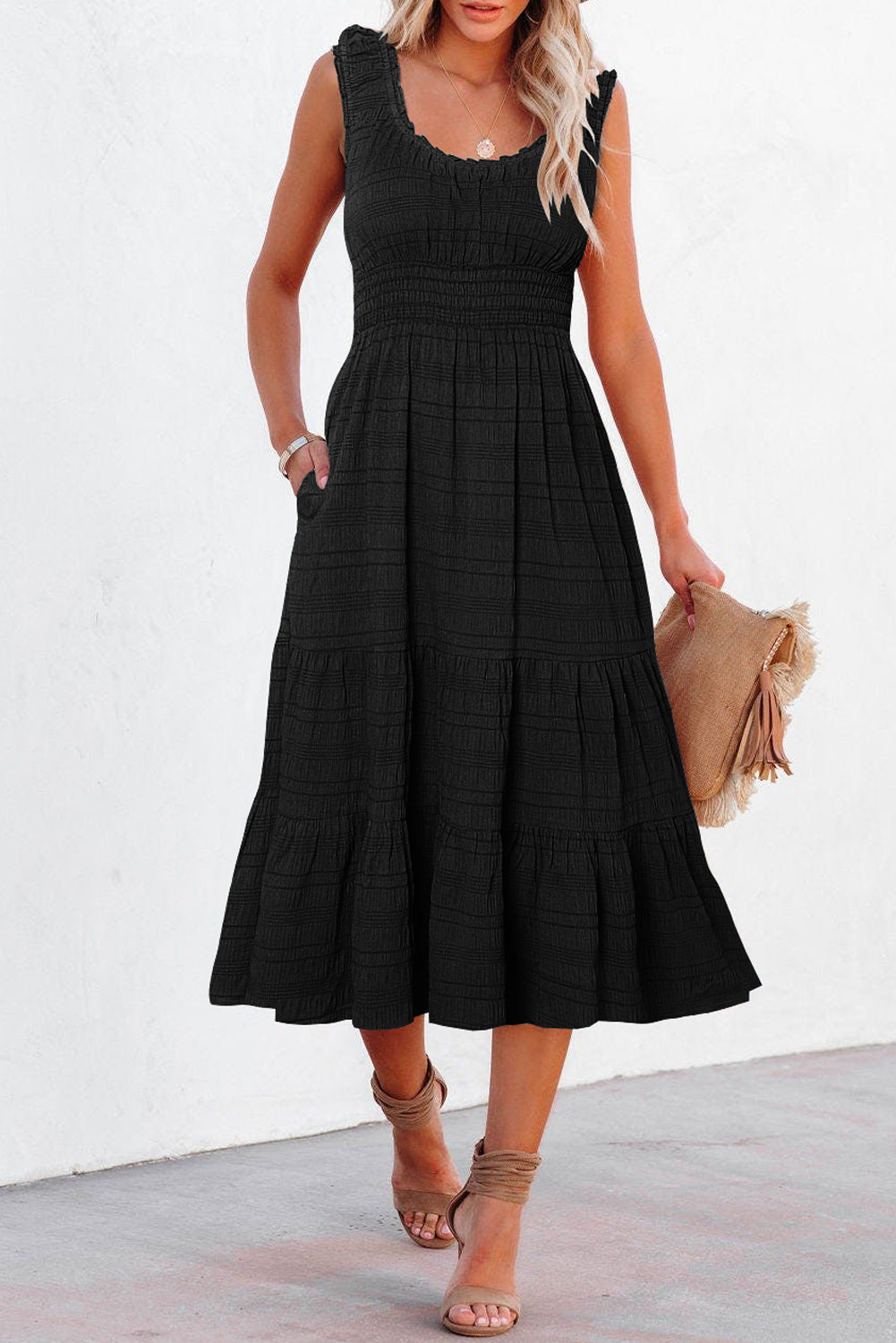 Rose Shirred Pleated Square Neck Sleeveless Midi Dress