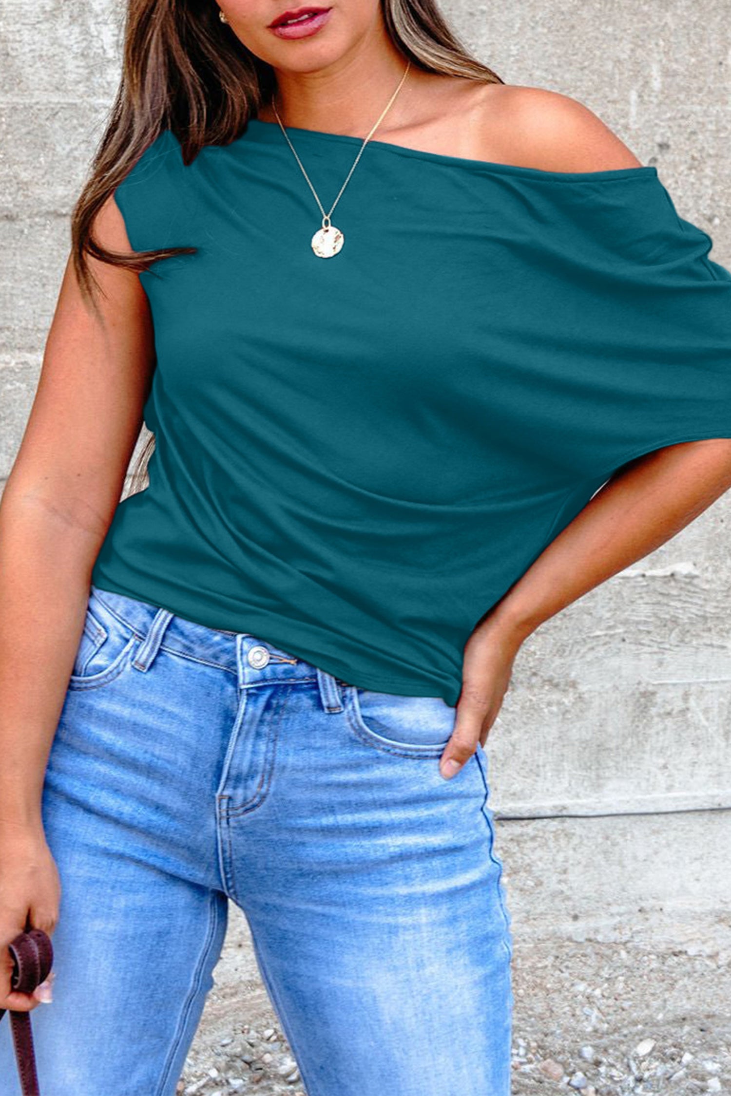Burgundy Plus Size Solid Color Asymmetric Neck Short Sleeve Blouse