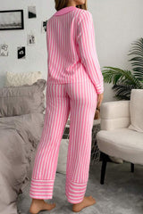 Pink Striped Sweet Bow Decor Peter Pan Collar Pullover Pants Pajama Set