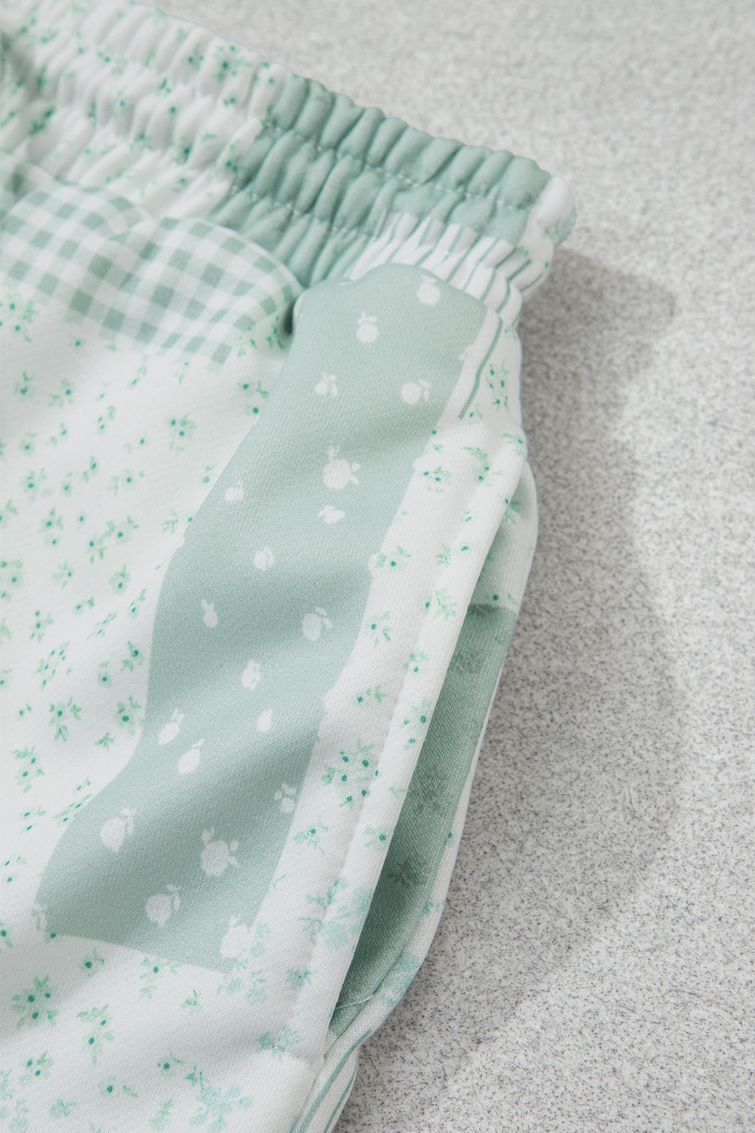 Sky Blue Patchwork Floral Print Drop Shoulder Baggy Pullover Drawstring Shorts Set