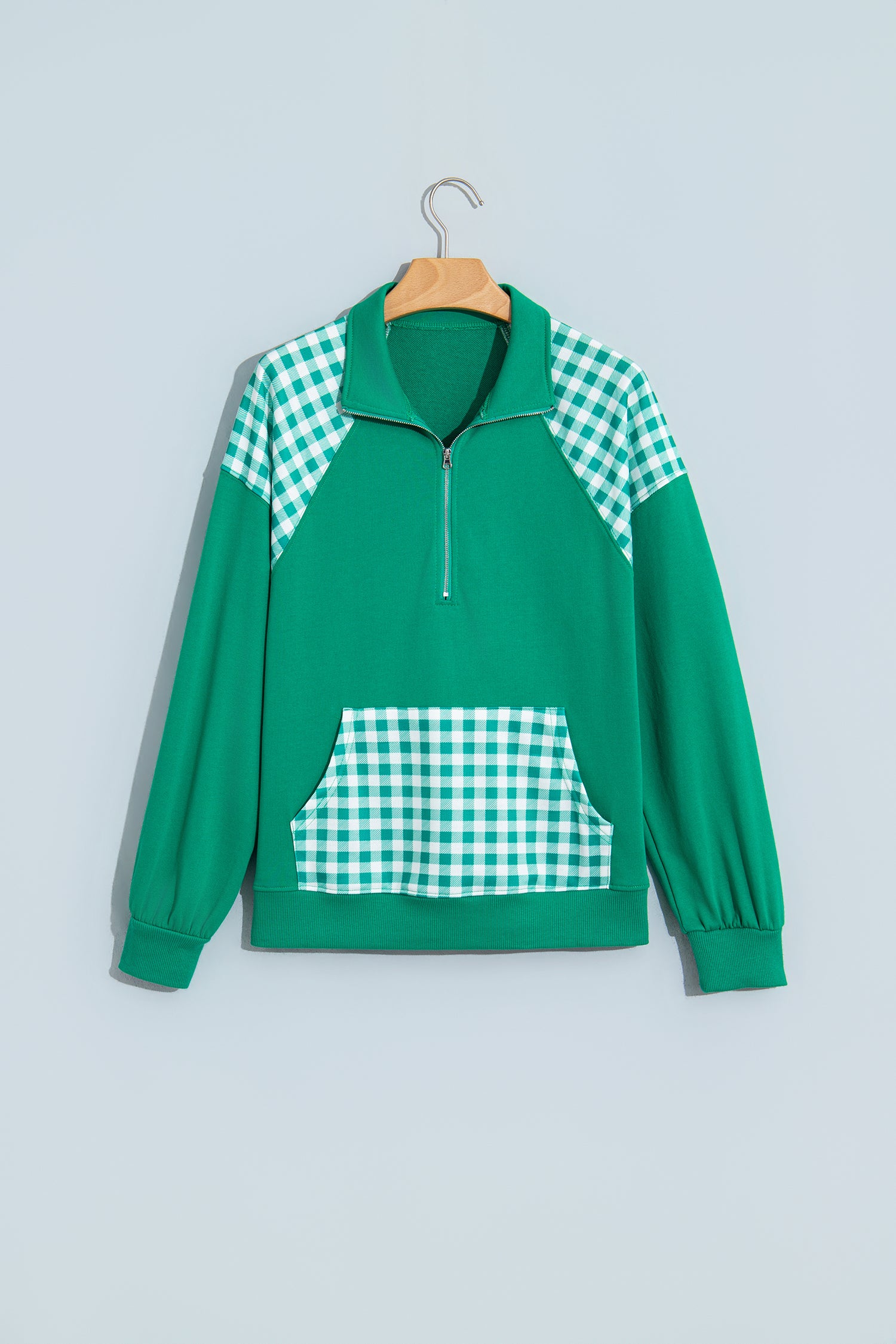 Navy Blue Patchwork Plaid Pocket Quarter Zip Sweatshirt