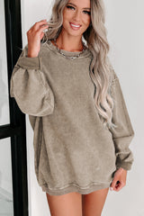 Khaki Solid Ribbed Round Neck Pullover Sweatshirt