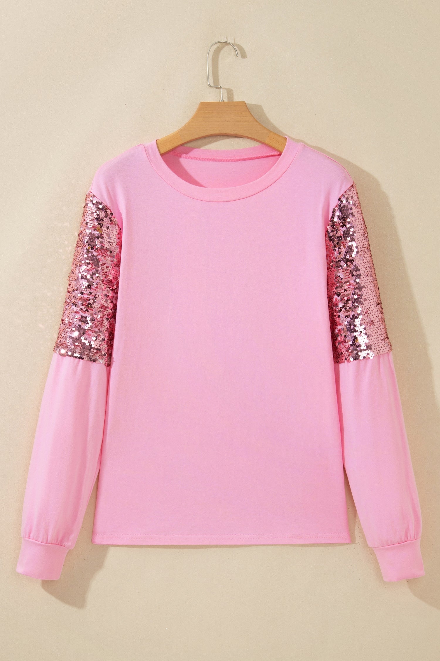 Pink Long Sleeve Sequin Round Neck Pullover Top