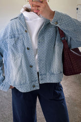 Sky Blue Polka Dot Long Sleeve Collar Pocket Casual Shift Silhouette Denim Jacket