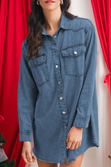 Blue Chest Pocket Raw Hem Denim Loose Shirt Dress