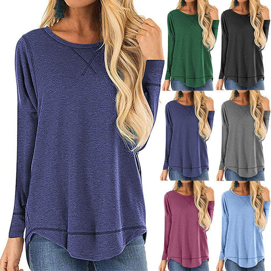 Women's Round Neck Long-sleeve T-shirt Solid Color Loose Top