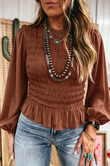 Racing Red Solid Color Smocked Ruffle Hem Long Sleeve Blouse