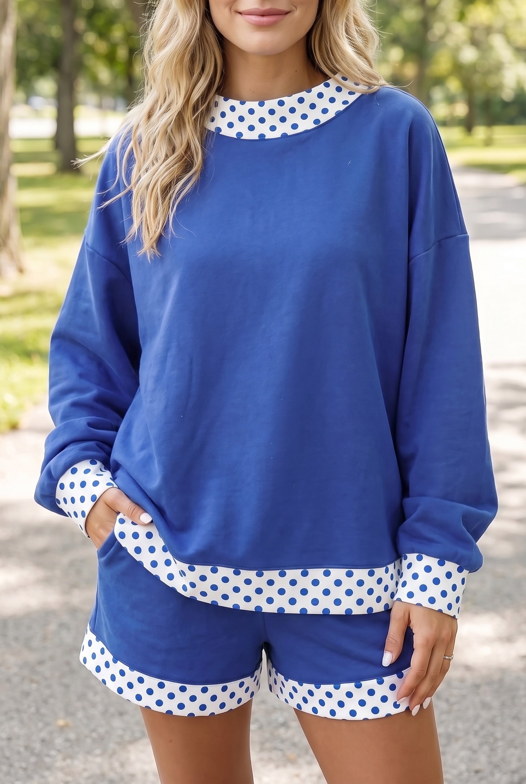 Navy Blue Polka Dot Trim Baggy Pullover 2pcs Short Set