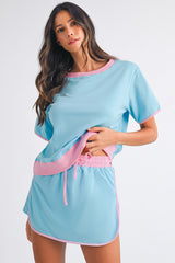 Turquoise Colorblock Edge Drop Shoulder T Shirt and Skort 2Pcs Set