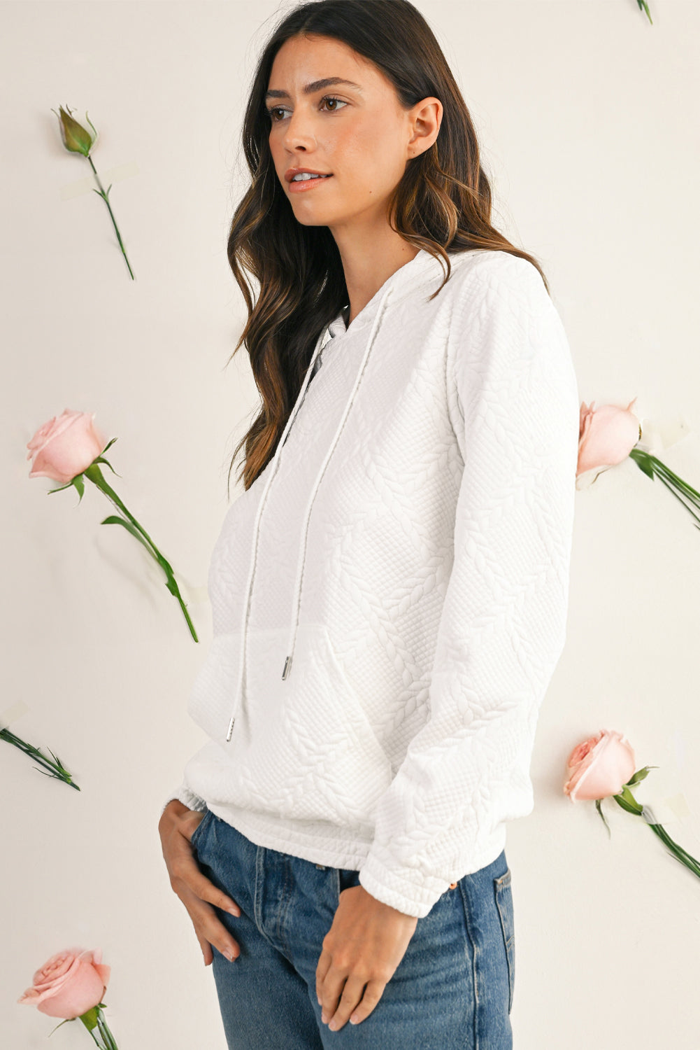 White Lattice Texture Kangaroo Pocket Hoodie