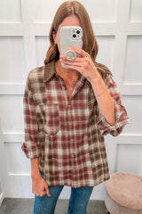 Red Contrast Plaid Long Sleeve Button Down Shacket