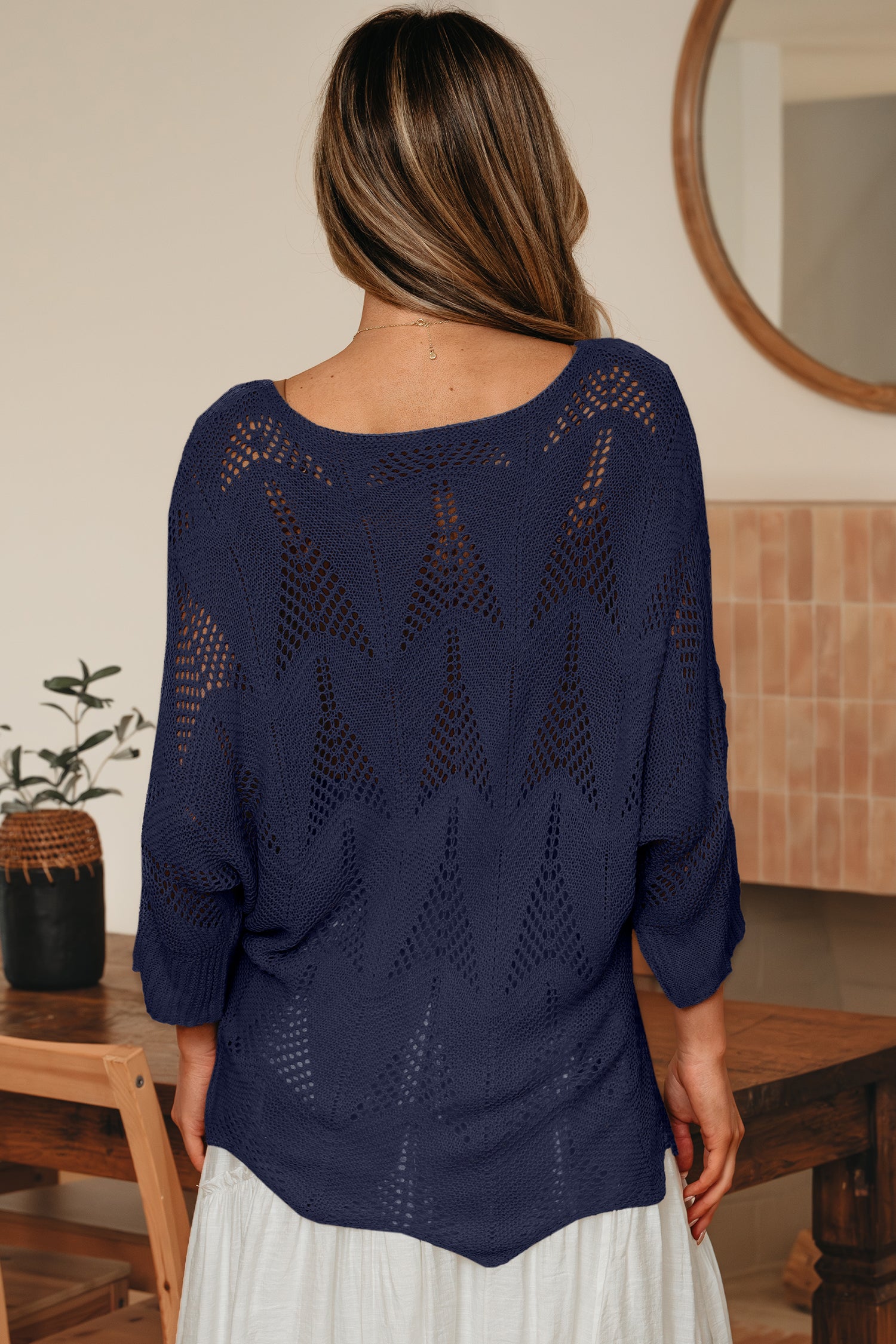 Parchment Hollow Out Knit 7/8 Sleeve Casual Sweater