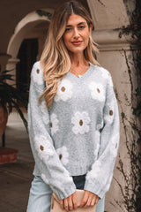Gray Cute Flower Print V Neck Drop Shoulder Baggy Sweater