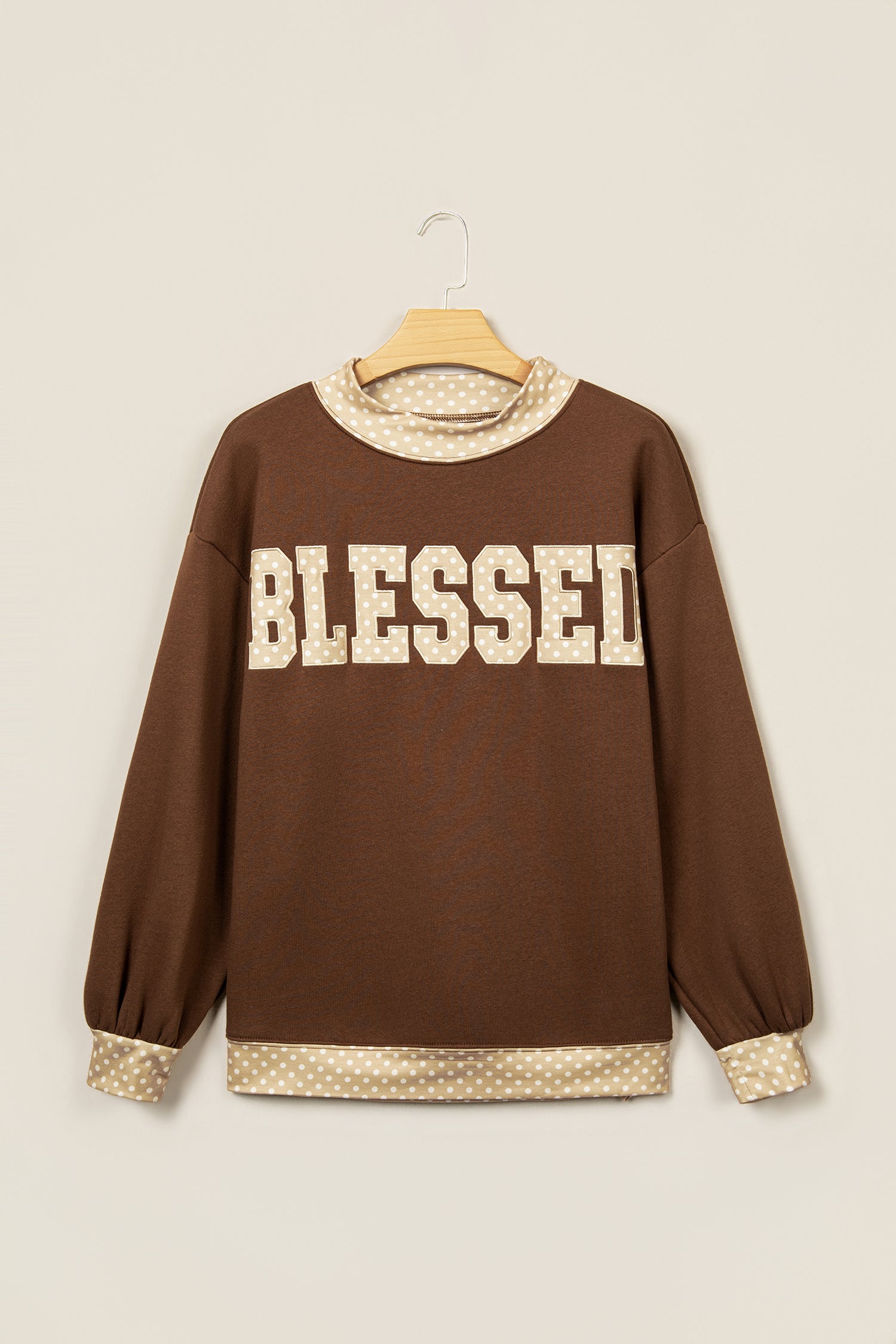 Coffee Polka Dot Trim High Neck BLESSED Letter Graphic Baggy Sweatshirt