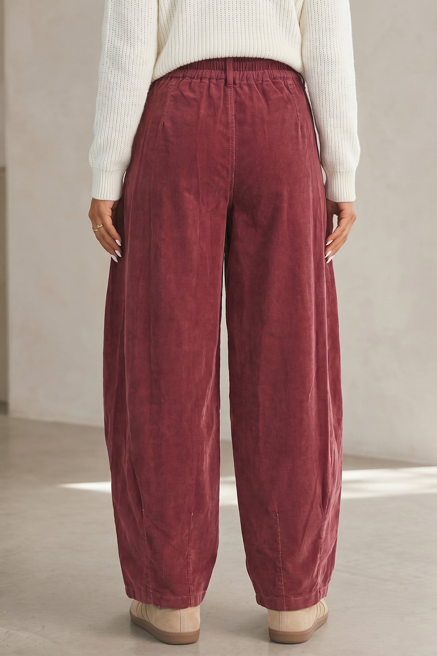 Racing Red Elastic Waist Drawstring Corduroy Casual Pants