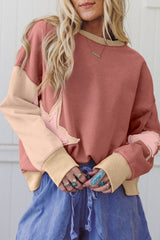 Rose Pink Star Patchwork Exposed Seam Uneven Hem Sweatshirt