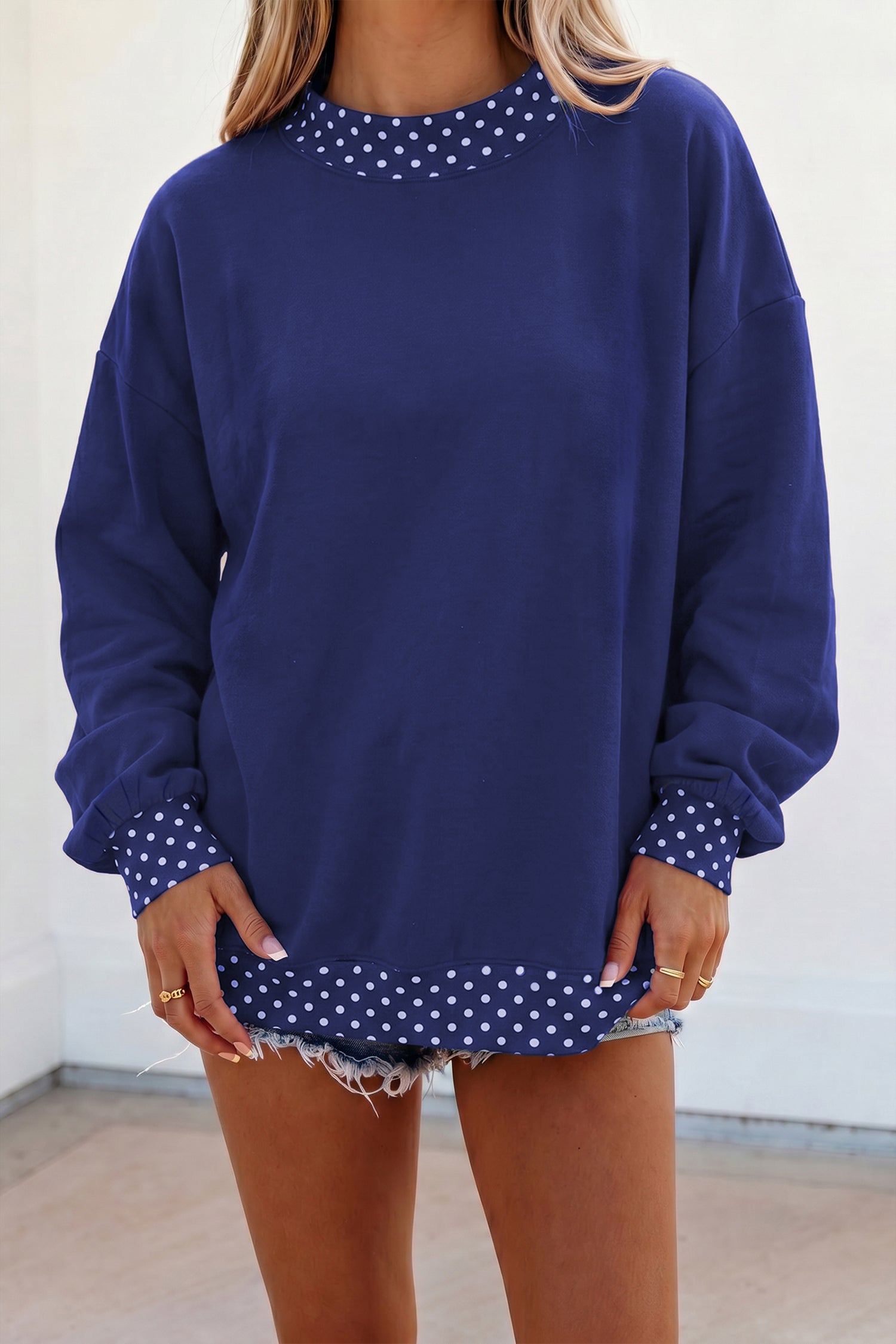 Dark Green Colorblock Polka Dot Contrast Trim Oversized Sweatshirt