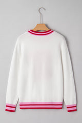 White Striped Trim Bow Graphic Round Neck Drop Shoulder Sweater