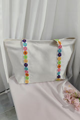 White Canvas Tote Bag with Embroidered Floral Strap Detail