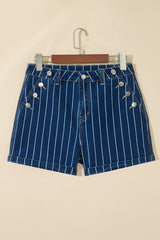 Blue Stripe Metal Button Detail Womens Denim Shorts