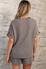Light Grey Leopard Trim Twist Ribbed Short Set
