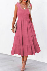 Rose Shirred Pleated Square Neck Sleeveless Midi Dress