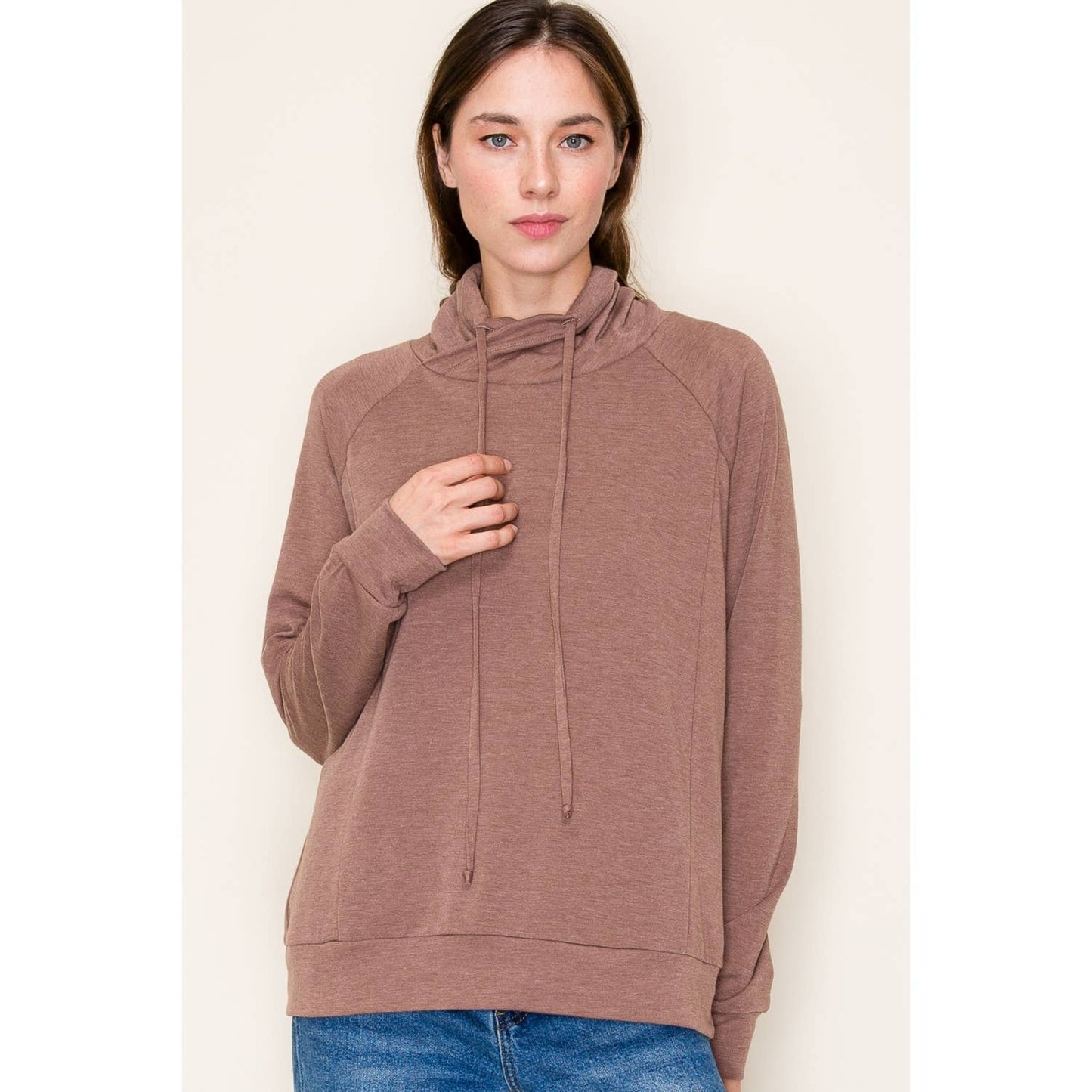 DRAWSTRING COWL NECK LONG SLEEVE FRENCH TERRY TOP