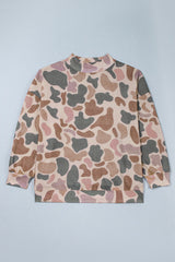 Multicolour Camo Print Ribbed Mock Neck Plus Size Sweatshirt