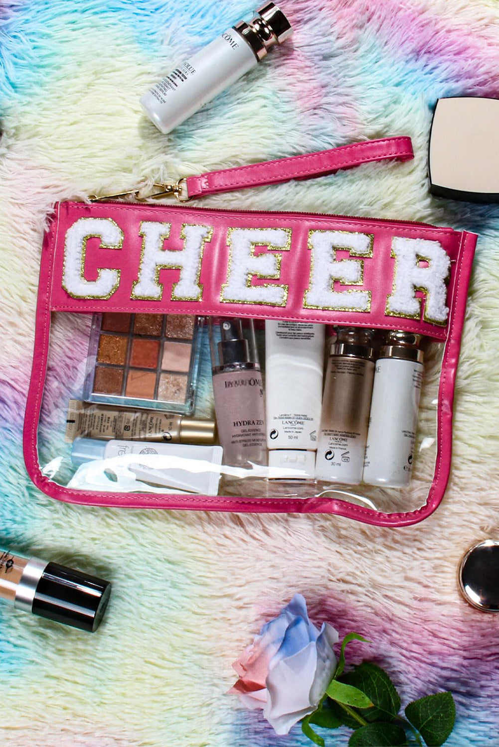 Black DANCE Chenille Letter PU Leather Patchwork Clear Makeup Bag