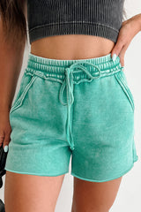 Rose Red Mineral Washed Drawstring Elastic Waist Raw Cut Shorts