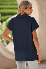 Navy Blue Textured V Neck Collared Slit Hem T Shirt