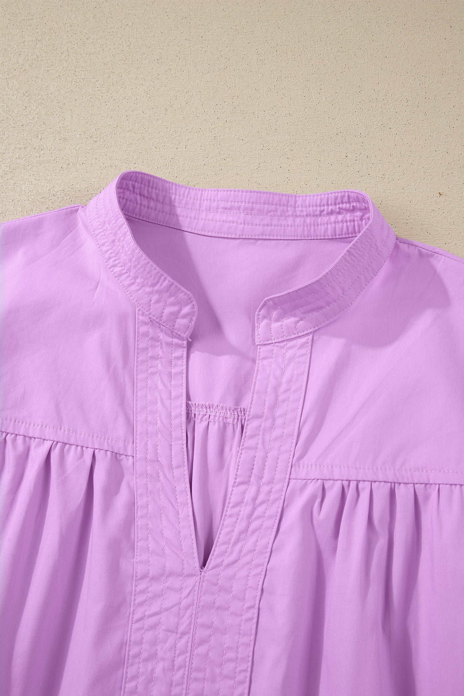 Phalaenopsis Stitched Detail V Neck Puffy Half Sleeve Blouse