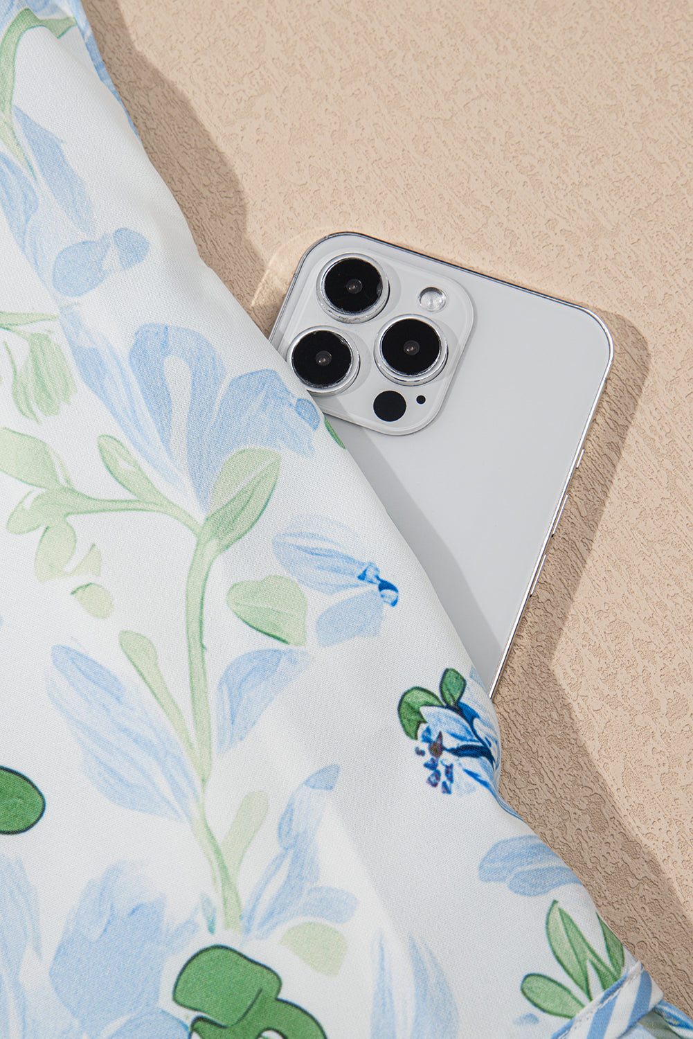 Sky Blue Floral Contrast Edge Ruffle Sleeve Tie Neck Mini Dress