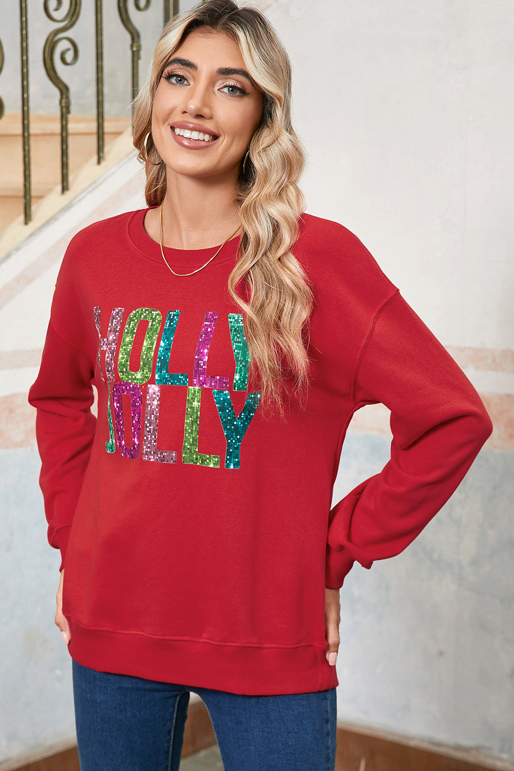 Red HOLLY JOLLY Heat Transfer Printing Graphic Christmas Pullover Sweatshirt