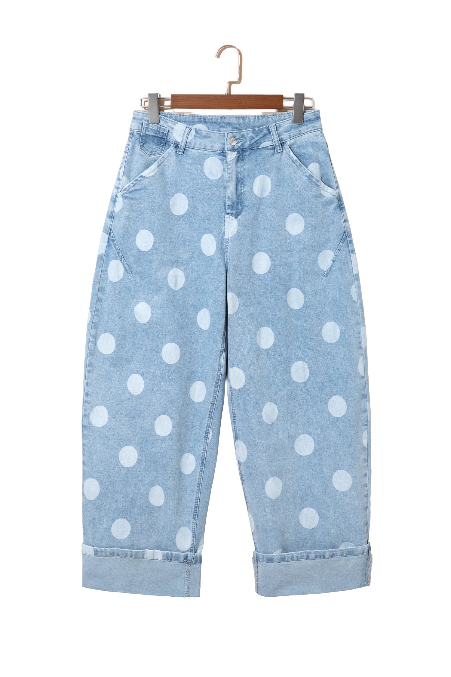 Sky Blue Polka Dot Ankle-Length Metal Button Casual Jeans