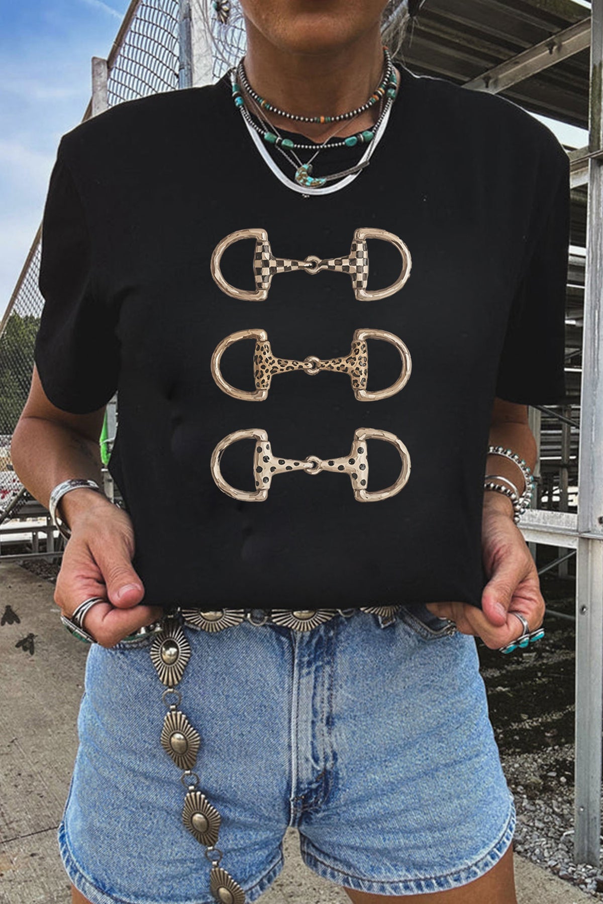 Black Western Horse Bit Printed Relaxed T Shirt