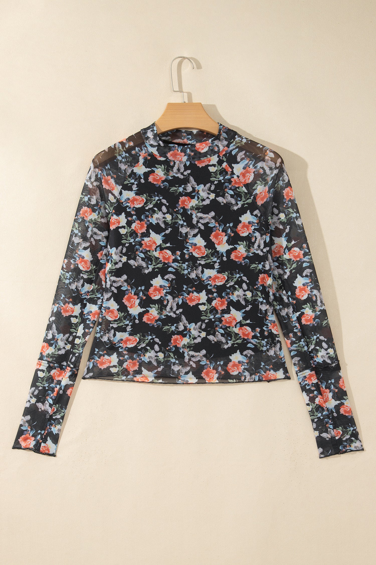 Black Floral Print Mesh Thumb Hole Long Sleeve Pullover Top