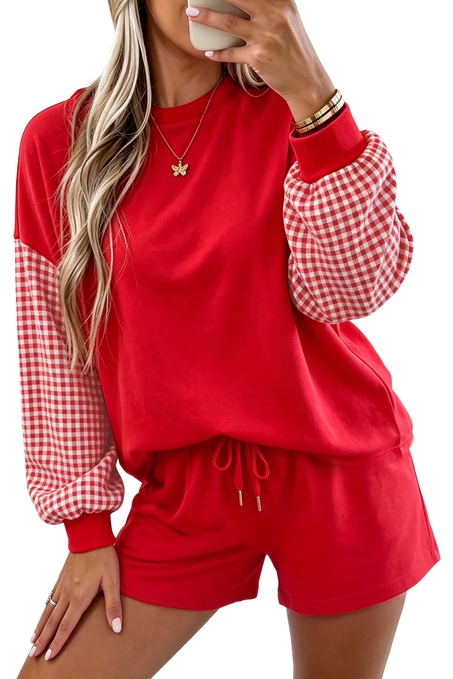 Red Plaid Patchwork Long Sleeve Top Solid Drawstring Shorts Set