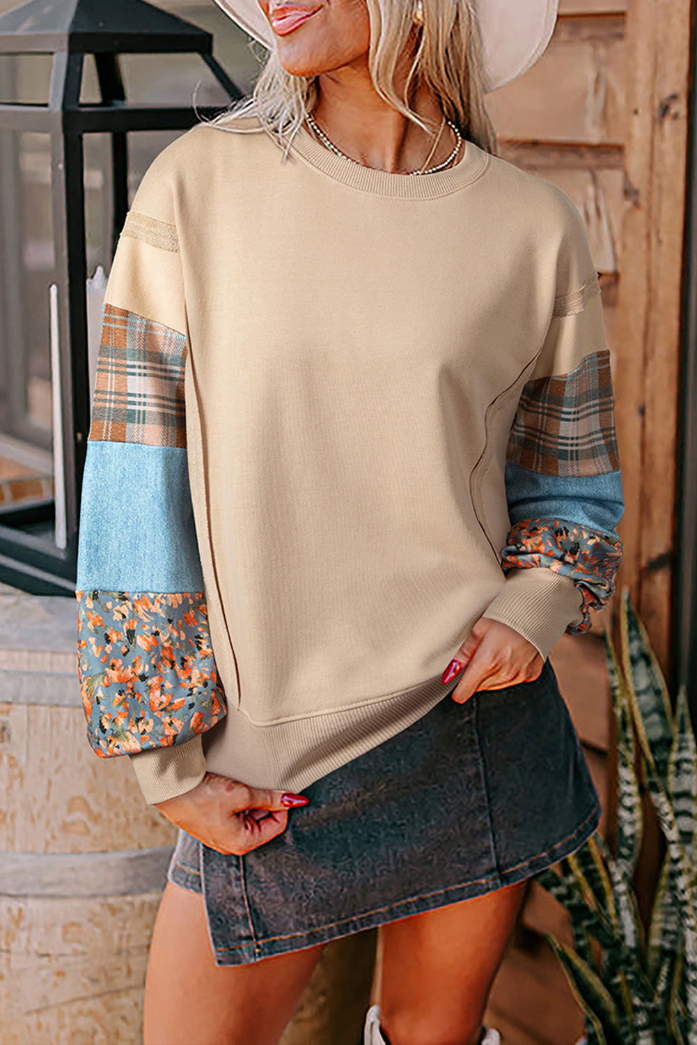 Smoke Gray Plaid Patchwork Sleeve Raw Seam Sweatshirt