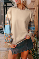 Smoke Gray Plaid Patchwork Sleeve Raw Seam Sweatshirt
