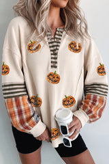 Beige Sequined Pumpkin Face Patched Henley Waffle Top