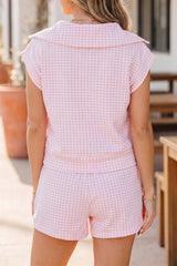 Pink Plaid Zip Neck Sleeveless Top Elastic Waist Shorts Casual Two Piece Short Set